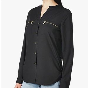 Calvin Klein, black with gold buttons and zipper’s. Size S